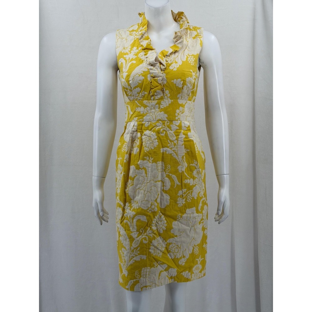New Directions Dress Womens 4 Yellow Floral Ruffle V-Neck Sheath Spring Career